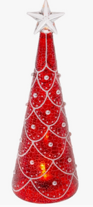 9.75" Tall Glass Led Pearl Christmas Tree Red White