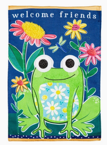 Welcome Friends Frog Burlap Garden Flag