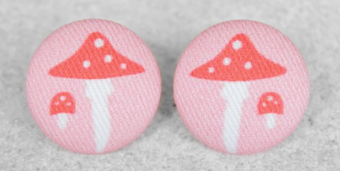 Mushrooms-Pink Fabric Button Earrings