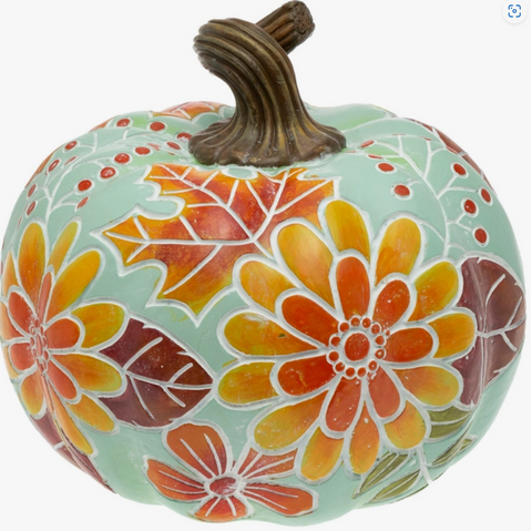 6" Dia Carved Floral Resin Pumpkin Blue Fall
