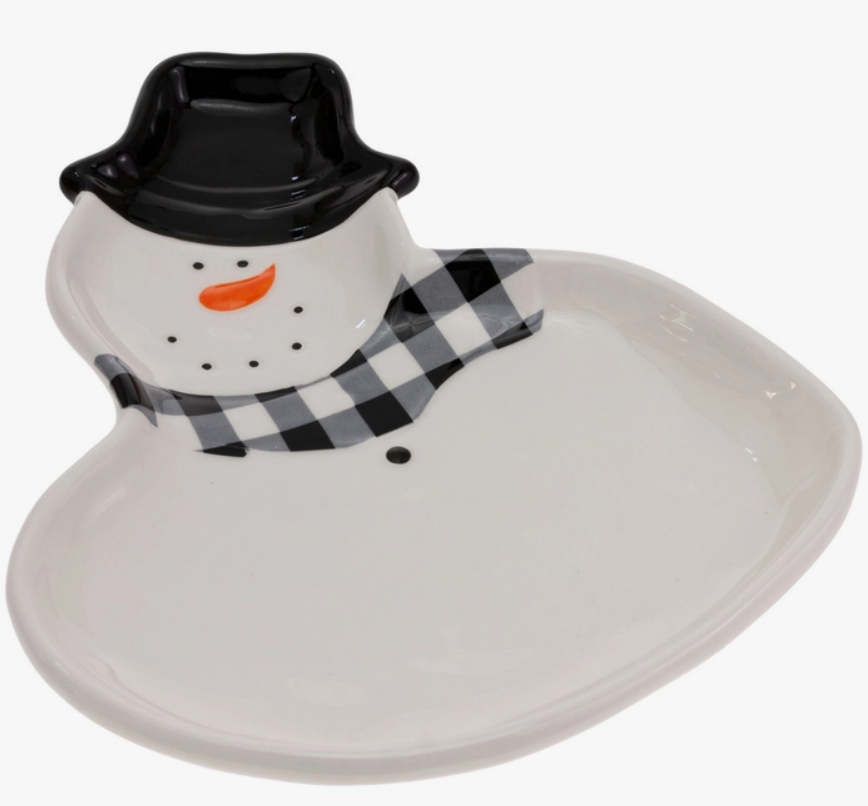 Joyous Black & White Check Snowman Ceramic Plate