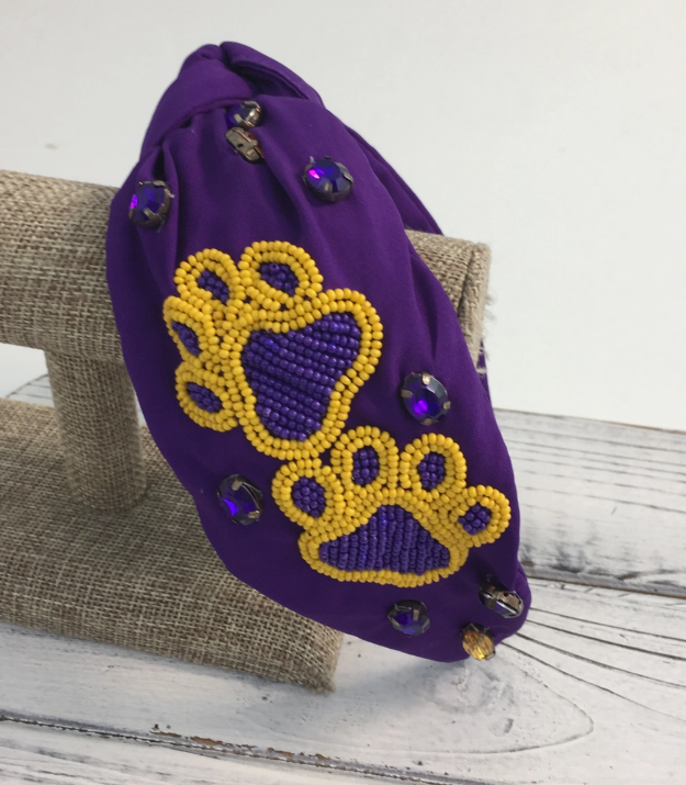 Purple and Gold Bead/Stone Paw Headband