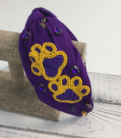 Purple and Gold Bead/Stone Paw Headband