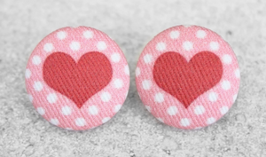 Heart-Polka Dot Fabric Button Earrings